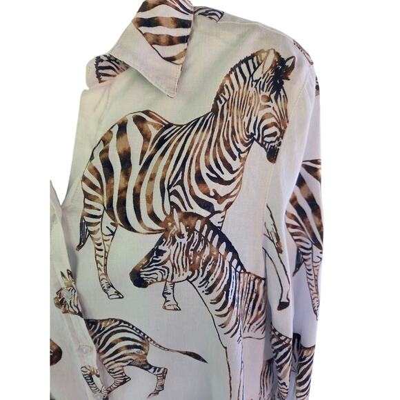Jane + Delancy Zebra Animal Print Linen Blend Blouse M Long Sleeve or Roll Tab - Picture 5 of 16
